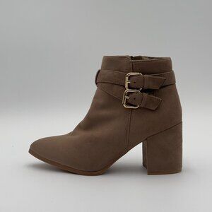 Double-Buckle Suede Ankle Boots - Block Heel, Taupe